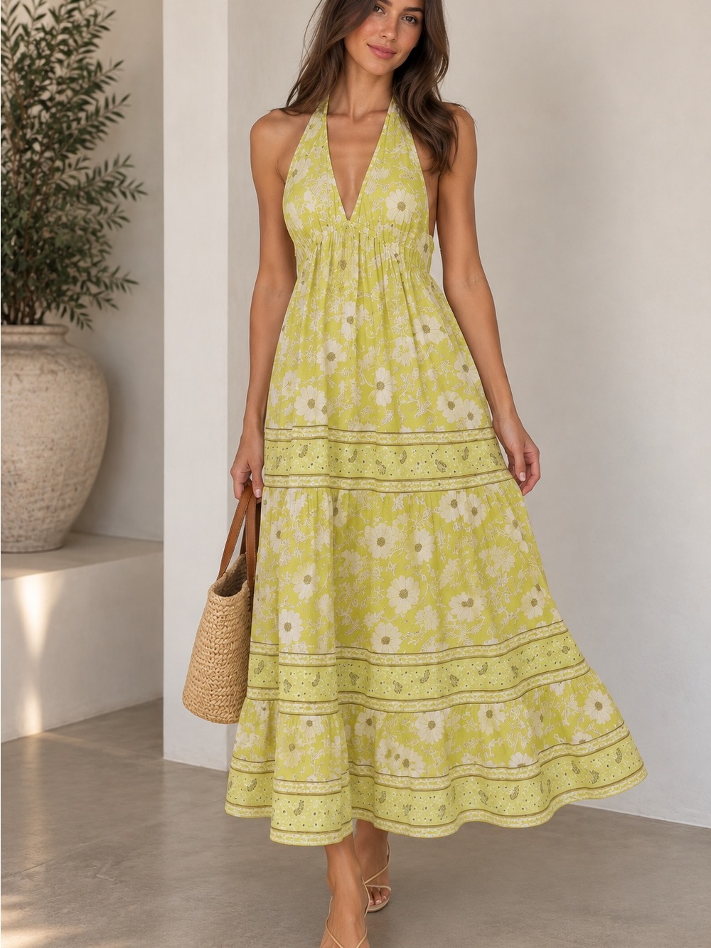 KEAHI LIME FLORAL HALTER MAXI Sun DRESS Band of  Free open back